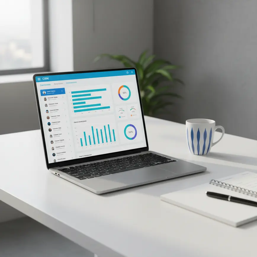 Modern laptop displaying CRM platform dashboard with customer data and analytics on clean workspace