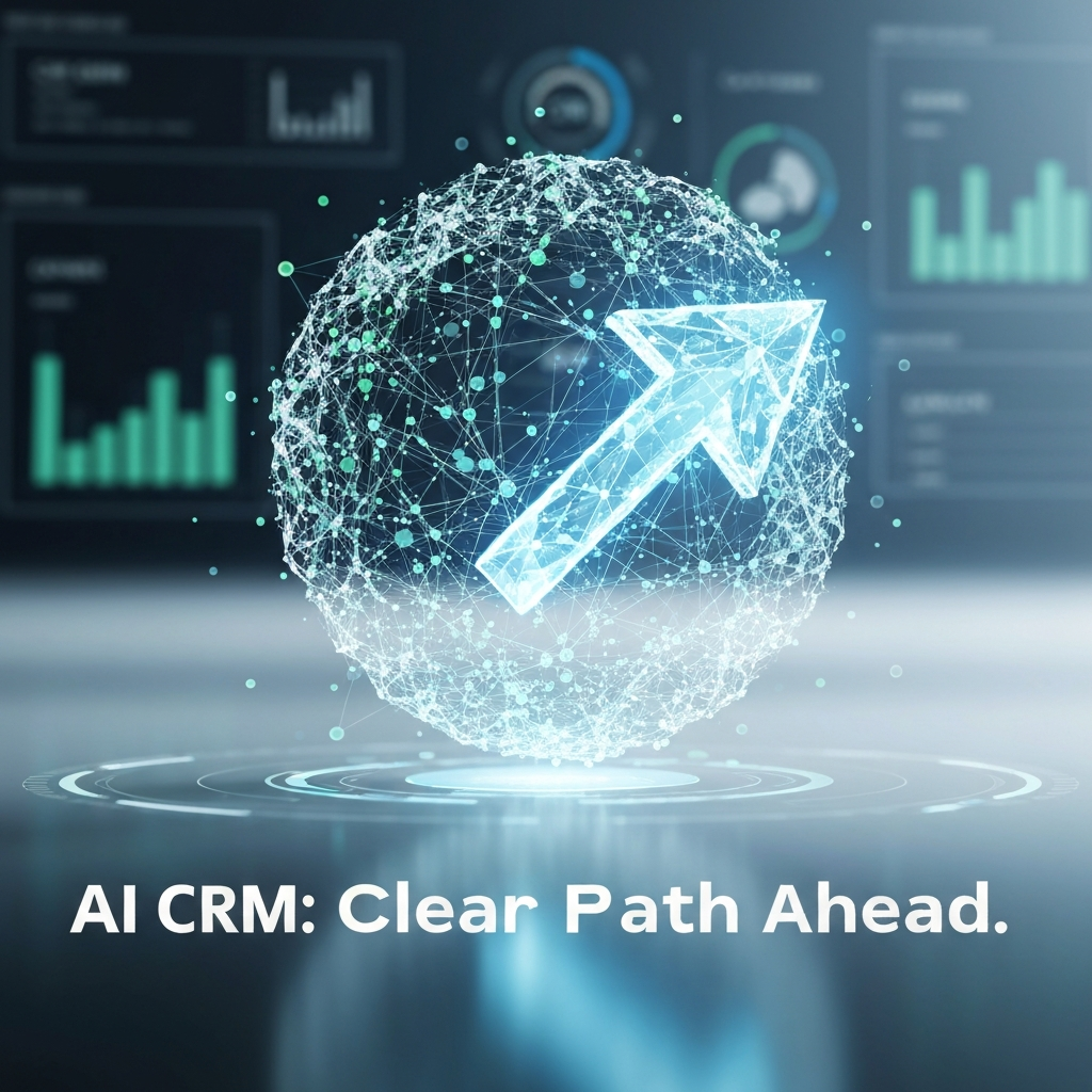 A glowing, crystalline arrow cutting through a swirling cloud of data, symbolizing a clear path for evaluating AI and automation in a CRM, with the headline "AI CRM: Clear Path Ahead."