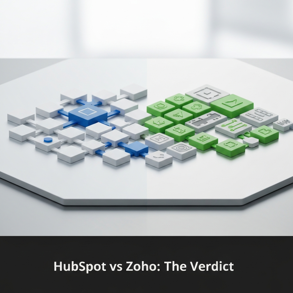 A modern digital illustration comparing HubSpot and Zoho, showing HubSpot as a sleek, integrated system and Zoho as a modular, customizable platform, with the headline "HubSpot vs Zoho: The Verdict" overlaid. This image accompanies the article "HubSpot vs Zoho for Small Business: The Definitive 2025 Comparison."