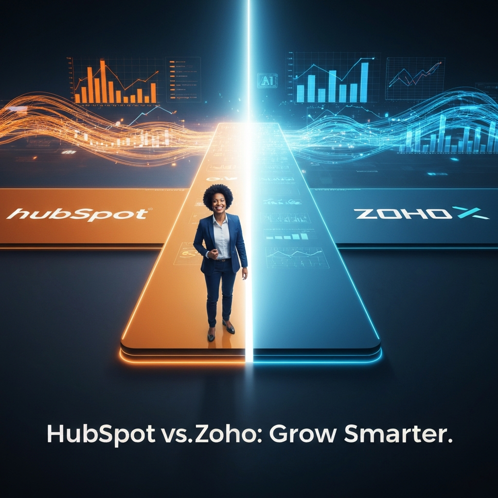 A diverse small business owner confidently navigating a digital crossroads between HubSpot (orange) and Zoho (blue) paths, leading to a future of AI-powered growth. The image illustrates the choice between HubSpot and Zoho CRM for small businesses in 2025.