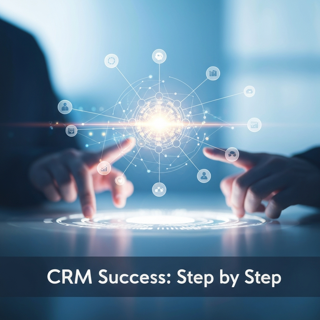 A visual representation of a successful CRM implementation, showing interconnected digital elements, data flow, and human interaction, with the headline 'CRM Success: Step by Step.' This image illustrates the step-by-step guide to successful CRM implementation.